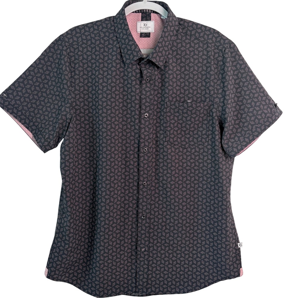 7 Diamonds Button Down Shirt Large Navy Geometric 4-Way Stretch Short Sleeve